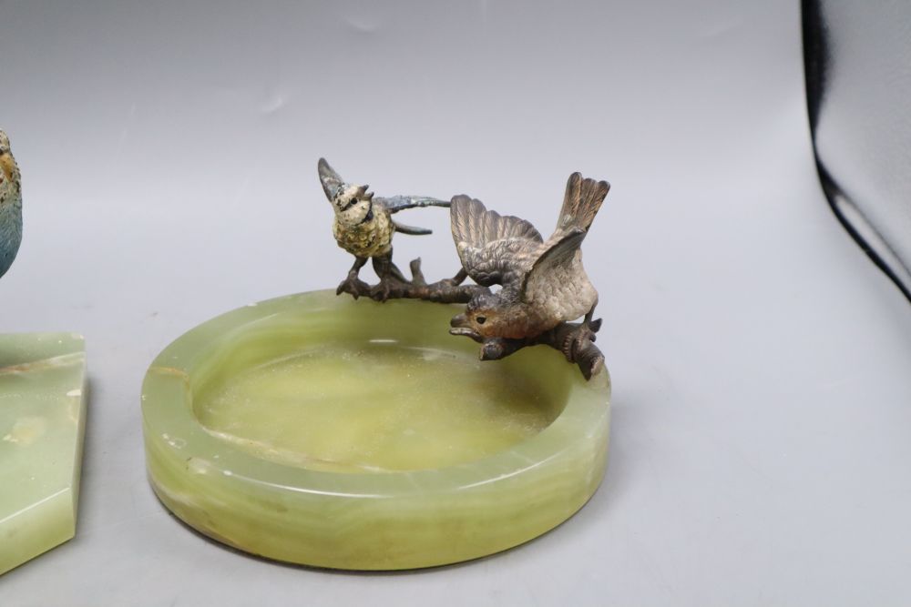 A cold painted bronze budgerigar dish and a blue dish